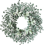 Jasuline 24 Inch Eucalyptus Wreaths for Front Door - Summer Spring Boxwood Greenery Leaves Wreath with Lambs Ear & White Berries, All Season Outdoor Hanging Decor for Indoor Porch Window Wall
