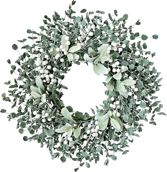Jasuline 24 Inch Eucalyptus Wreaths for Front Door - Summer Spring Boxwood Greenery Leaves Wreath with Lambs Ear & White Berries, All Season Outdoor Hanging Decor for Indoor Porch Window Wall