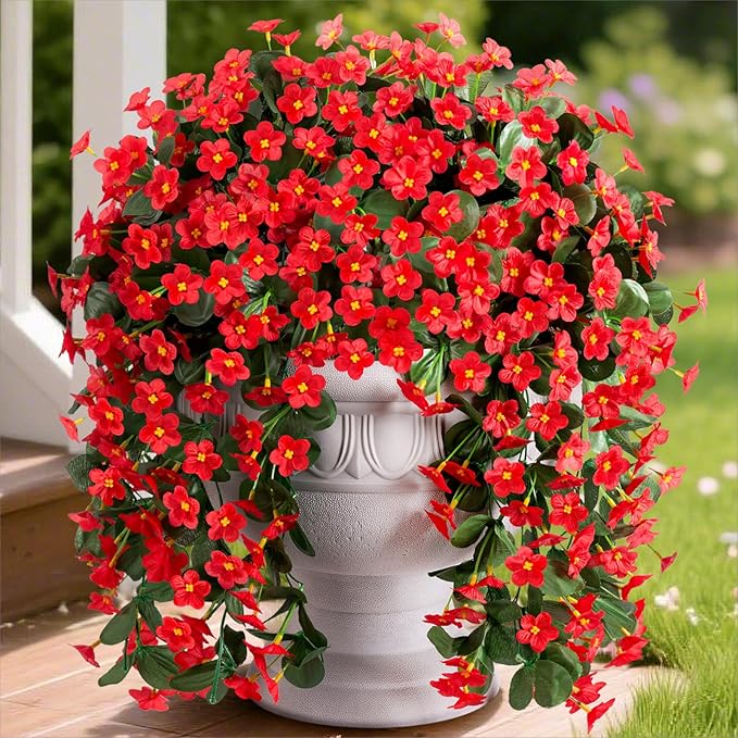 HyeFlora Artificial Fake Hanging Plants Flowers for Outdoor Outside Spring Decoration, 2 PCS Faux Silk Daisy Red Orchid Vines UV Resistant Realistic for Home Indoor Porch Patio Balcony