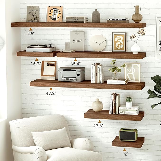 Vivelove Rustic Floating Shelves for Wall 12 Inch Deep, 24" X 12" X 1.5" Floating Shelf, 2 Inch Thick Shelf for Living Room Bathroom Bedroom Kitchen Office, Rustic Farmhouse Decor Set of 2, Walnut