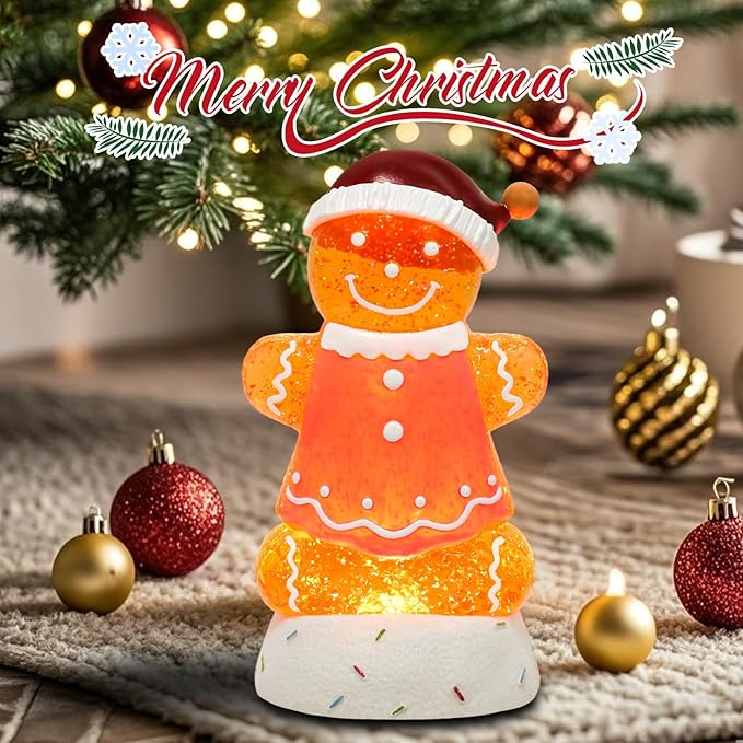 Gingerbread Christmas Snow Globe Lantern with 8 Music Songs & 6H Timer Water Snow Globe Lantern USB & Battery Operated for Christmas Festival Decorations Gifts (Pink Gingerbread)