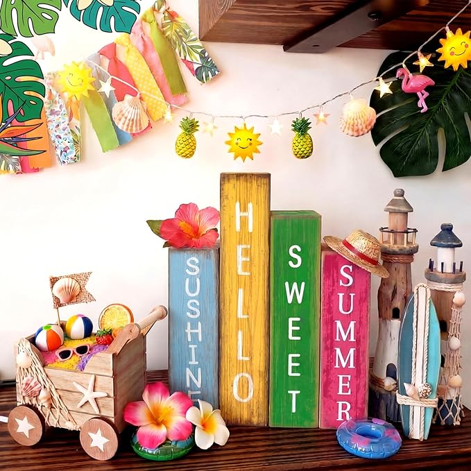 Lineshading 4 Pcs Summer Table Decoration Wooden Book Hawaii Beach Decoration Blue Yellow and Red Summer Tiered Tray Decor Wood Book Sign Farmhouse for Hawaii Party Home Shelf Coffee Table