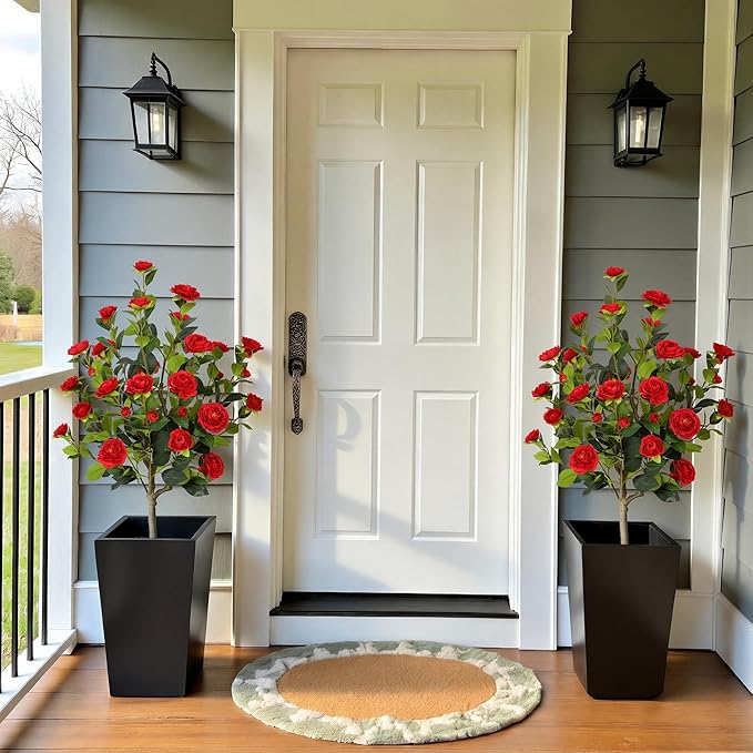 Bellacat 4ft Artificial Camellia Tree with Silk Red Flowers, 48in Faux Camellia Plant with Lifelike Trunk, Fake Flower Tree Potted Front Door Plants for Porch Patio Deck Living Room Decor, 2Pack