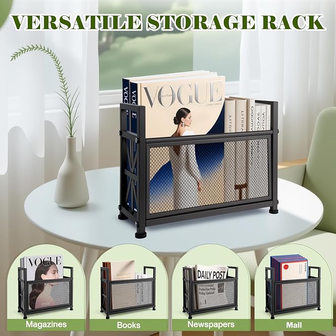 Magazine Rack & Holder – Multi-Purpose Storage Organizer for Magazines, Books, Newspapers, Mail, Tablets | Sturdy Black Basket for Home, Office, Bathroom | Sleek Design & Easy Assembly