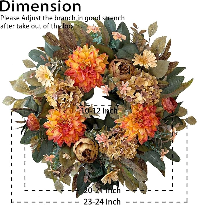 WANNA-CUL 24 Inch Spring Fall Wreaths for Front Door,Fall Wreath with Orange Hydrangea&Peony and Dahlia -Fall Decoration for Home-Fall Decor Door Wreath for Valentines Day,Mothers Day,Autumn,Harvest