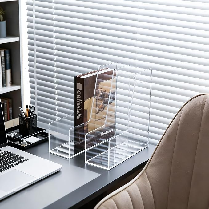 HeiMma 2 Pack Clear Acrylic Magazine File Holder, Single Slim Vertical Magazine File Organizer for Desk, Lucite Plastic Hold Magazines, Files, Books,Folder, Notebooks, Binders, for Home Office School