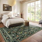 Vintage Botanical Dark Green Area Rug 6x9 Elegant Floral Pattern, Durable Stain-Resistant Fabric, Perfect for Living Room, Bedroom, Dining Room Decor