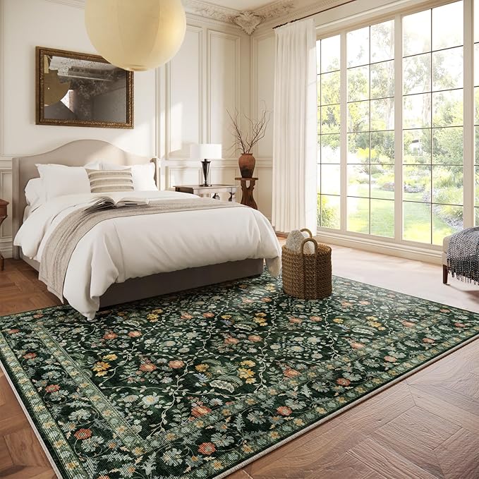 Vintage Botanical Dark Green Area Rug 6x9 Elegant Floral Pattern, Durable Stain-Resistant Fabric, Perfect for Living Room, Bedroom, Dining Room Decor