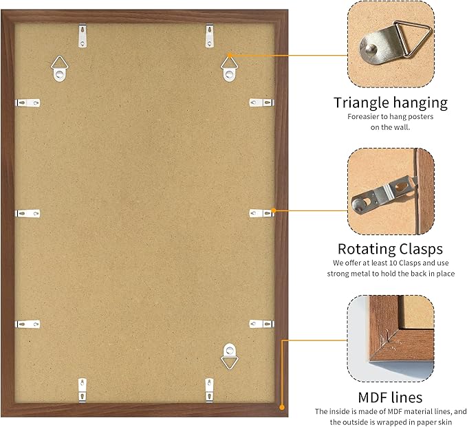 13x19 Picture Frame 3 Pack - Brown Poster Frame Display Pictures 11x17 with Mat or 13 x 19 Without Mat for Wall Hanging Horizontal and Vertical