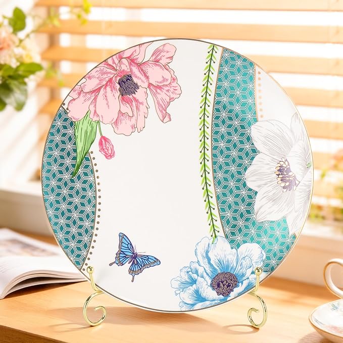 KAMMAK Ceramic Decorative Plate Set of 2, Porcelain Plates for Kitchen Dining Room Wine Cabinet Home Decor, Vintage Collector Plates with 2 Display Stand, Green (8-inch + 10.5-inch)