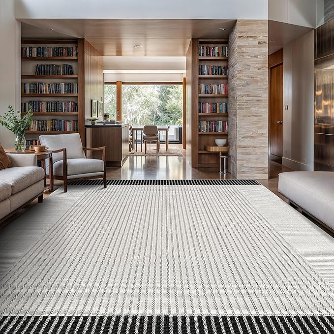 Modern Micro Loop Indoor Area Rugs for Living Room Bedroom Kitchen Geometric Striped Black-White 6x9 Luxury Durable Low and High Pile Non-Shedding Stain Resistant Soft Area Carpet 6 x 9