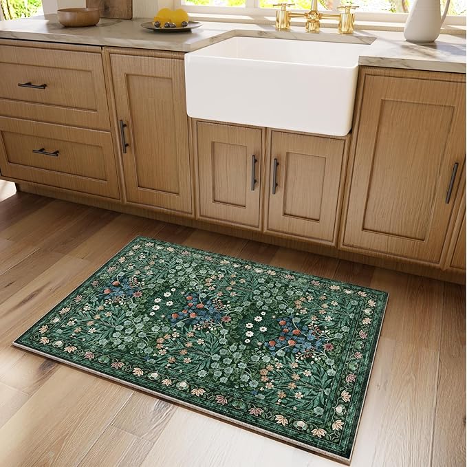 Floral Non-Slip Washable Entryway Rug, 2x3 Boho Forest Design Green, Soft Indoor Door Mat for Kitchen, Bedroom & Bathroom, Ultra-Thin Easy Clean Small Throw Carpet