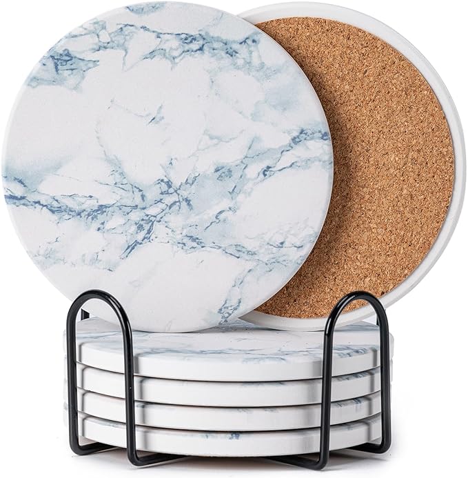 Hoewina 6Pcs Drink Coasters with Holder, Natural Style Ceramic Drink Coaster, Absorbent Coasters Set Suitable for Kinds of Cups, Modern Style Coasters for Coffee Table, 4 Inches（Style 6）