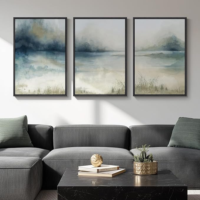Large Framed Abstract Landscape Wall Art, 3 Piece Blue Watercolor Canvas Prints Paintings Artwork for Walls, Misty Lake Mountain Nature Pictures for Living Room Entryway Bedroom Wall Decor 20x30 In