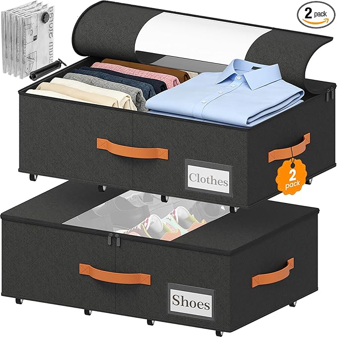 TOSKING 2-Pack Under Bed Storage Bins with Wheels and 4 Vacuum Seal Bags, Heavy Duty 80lbs Capacity,7.9"Height Clear Lid Organizer for Dorm Bedroom Clothes Shoes Toys, Quick Assembly Space Saver Black