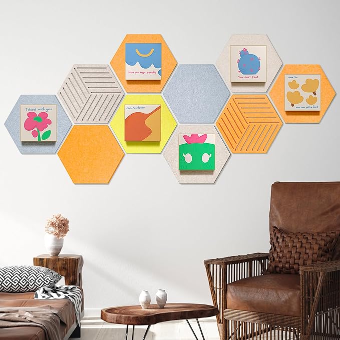 12'' Hexagon Cork Board Tiles Alternative, 10 Pack Frameless Felt Bulletin Board Tiles, Removable Corkboard for Wall, Decorative Pin Board for Office Wall Decor, Vision Board with 30 Pushpins