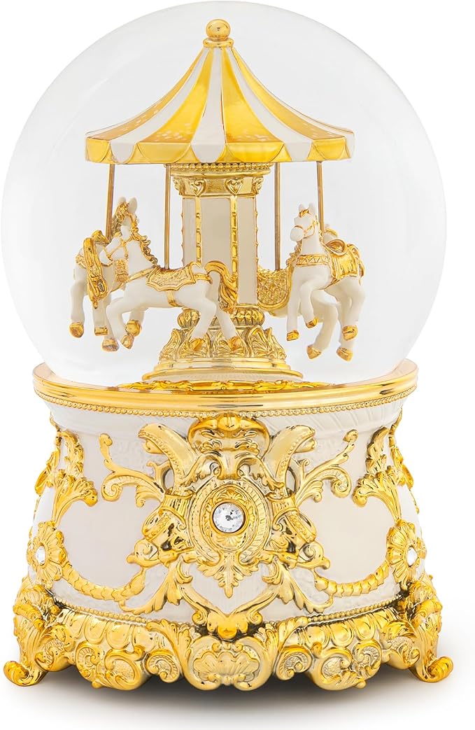 Carousel Music Box Gold & Ivory Christmas Snow Globes, 7.1" Glass Rotate Carousel Snow Globe for Kids & Adults, Classic Wind up Musical Snow Globe Birthday Gifts, Carousel Horse Home Decor