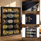 Belt Buckle Display Case, 5 Belt Buckle Holders Included, 17x12 Black Shadow Box with LED Light, Wall-Mounted Men's Belt Clip Storage Box, Lockable