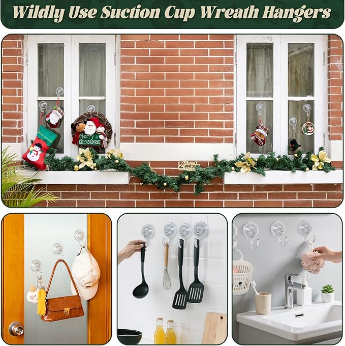 Amuille Wreath Hangers for Front Door, 2 Pack Large Suction Cup Wreath Hooks, Clear Wreath Hanger for Glass Window, Shower, Kitchen, Christmas Wreaths, Holds up to 18 lbs