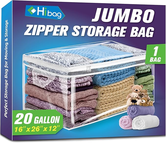 HIBAG 20 Gallon Large Storage Bag for Clothes, Zipper Clothing Storage Bag, Clear Organizer with Reinforced Handles, for Comforters Blankets Pillows Bedding (1 Pack)