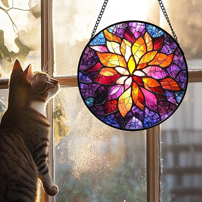 Stained Glass Window Hanging, Fuchsia Abstract Flowers Suncatcher for Window Home Decor Orange Sun Catcher Mother's Day Birthday Gifts for Women Men Mom Nana 11.8 in