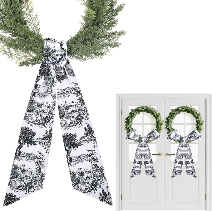 Black Wreath Sash for Front Door - 2 Pcs Dark French Toile Sashes for Wreaths Home Decor, Rustic Wreath Sash for Embroidery Monogram Farmhouse Yard