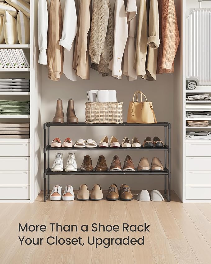 SONGMICS Shoe Rack, 3-Tier Shoe Organizer, Metal Storage Shelf, Upright or Upside Down, for 16-20 Pairs, Stackable, for Entryway, 11.8 x 36.2 x 21.7 Inches, Black ULSA303B02