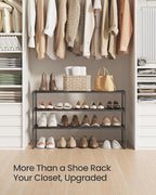 SONGMICS Shoe Rack, 3-Tier Shoe Organizer, Metal Storage Shelf, Upright or Upside Down, for 16-20 Pairs, Stackable, for Entryway, 11.8 x 36.2 x 21.7 Inches, Black ULSA303B02