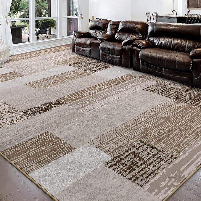 FlyDOIT Modern Geometric Patchwork Area Rug, 9x12 Beige Large Rugs for Living Room, Rockwood Collection Indoor Rugs for Bedroom, Throw Carpet Floor Decor for Entryway Dining Room Office Nursery