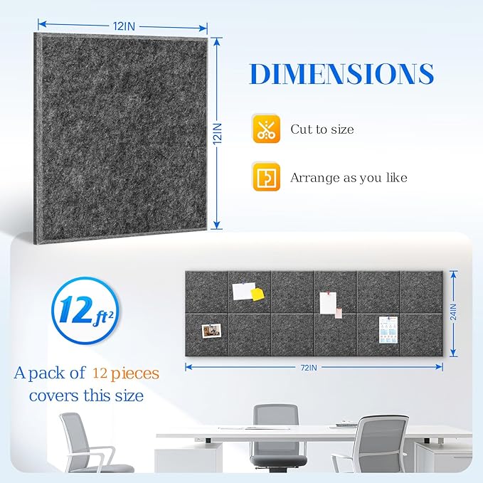 DOLLAR BOSS Large Cork Board for Wall 48" x 36" x 0.5" Bulletin Board 12 Packs Corkboard Tiles Self Adhesive Felt Wall Tiles for Office Home School, Dark Grey