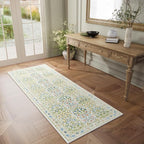 Non-Slip Bathroom Runner Rug 2x6 Feet, Washable Long Kitchen Hallway Laundry Mat, Beige Green Vintage Floral Design