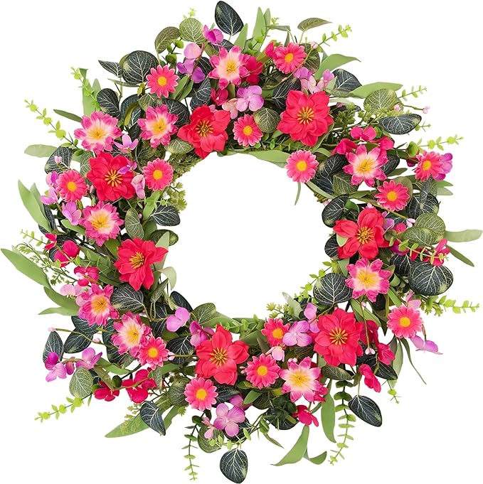 24 Inch Large Spring Summer Front Door Wreaths, Artificial Eucalyptus Daisy Wreath with Pink Red Flowers, Rustic Farmhouse Wreath for Porch Wall Window, Indoor Outdoor All Season Home Decor