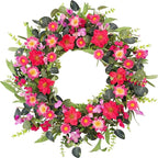 24 Inch Large Spring Summer Front Door Wreaths, Artificial Eucalyptus Daisy Wreath with Pink Red Flowers, Rustic Farmhouse Wreath for Porch Wall Window, Indoor Outdoor All Season Home Decor