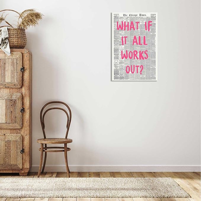 What If It All Works Out Poster Retro Newspaper Pink Font Canvas Wall Art Positive Affirming Quote Minimalist Prints Painting For Home Bedroom Dorm Wall Decor 24x36in Wframed