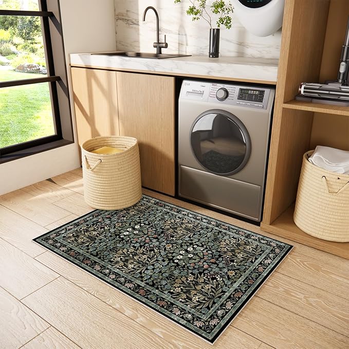 Floral Entryway Rug, 2x3 Kitchen Rugs Non Slip Washable Traditional Design Vintage Floral, Soft Door Mat Indoor Entrance, Ultra-Thin Easy Clean Small Throw Carpet for Bedroom Bathroom