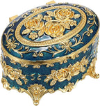 Hipiwe Vintage Metal Jewelry Box - Oval Trinket Box Ring Case with Rose Pattern Jewelry Storage Box for Ring Earrings Necklace, Keepsake Box for Women