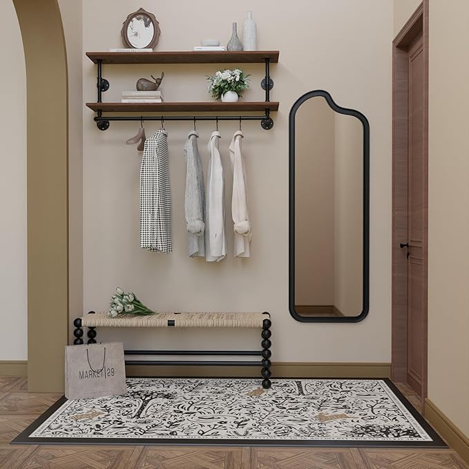 Clothes Rack 42in, 2 Tier Wall Mounted Garment Rack with Real Wood Shelf, Heavy Duty Hanging Clothes Rack, Multi-Purpose Hanging Rod, Space-Saving Closet Storage