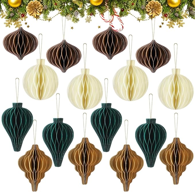 Gilprop 16 Pcs Christmas Paper Honeycomb Ornaments Paper Lantern Ornament 3D Hanging Honeycomb Balls Vintage Christmas Hanging Neutral Ornaments Decorations for Christmas Tree Xmas Holiday Party Decor