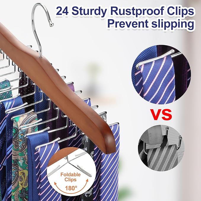 TOPIA HANGER Tie Rack Hanger for Closet 2 Packs, Wooden Tie Organizer for Men with 24 Folding Hooks, Space Saving Necktie Holder for Storage and Display Bra, Tank Top, Camisole (Walnut)-CT14WA-2