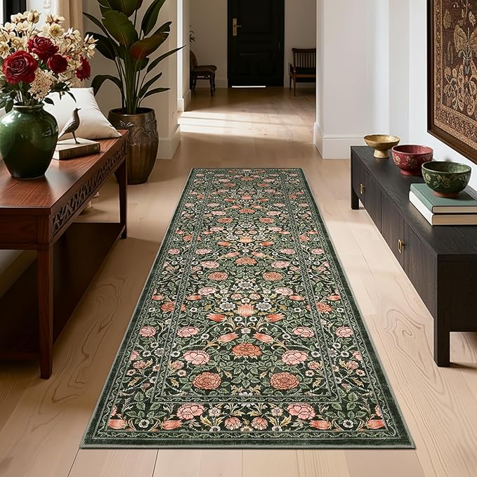 GarveeHome Dark Green Vintage Floral 2x6 Runner Rug Washable Kitchen Rugs Non Slip Boho Long Rug for Hallways Bedroom Entryway Bathroom Mat with Rubber Back