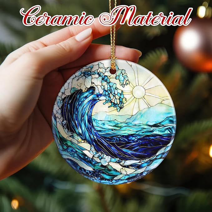 Christmas Ornaments, 2.8 Inch Ceramic Hanging Ornament, Christmas Tree Ornaments, Xmas Decorations, Holiday Decorations, Holiday Party Gifts, and Xmas Gift Ideas - Ocean Wave