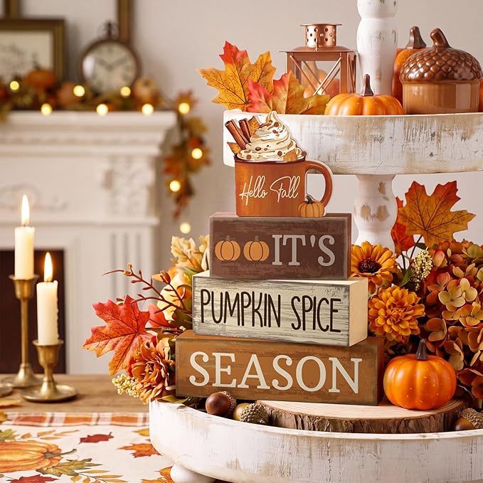 Lineshading 4 Pcs Fall Decorations for Home Wooden Hot Cocoa Cup Block Sign Thanksgiving Tiered Tray Decor Thanksgiving Centerpiece Rustic Fall Table Decor for Autumn Harvest Party Home Kitchen