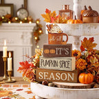 Lineshading 4 Pcs Fall Decorations for Home Wooden Hot Cocoa Cup Block Sign Thanksgiving Tiered Tray Decor Thanksgiving Centerpiece Rustic Fall Table Decor for Autumn Harvest Party Home Kitchen