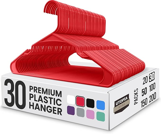 Utopia Home Plastic Hangers 30 Pack - Perfect Space Saving Clothes Hanger - Durable and Strong - Perfect Closet Organizers with Shoulder Grooves (Red)