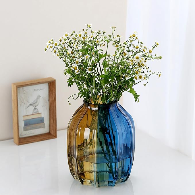 Christmas Flower Glass Vase Blue Gold Two-Toned Floreros Unique Decorative Vase 8.0" Vases Decorations for Centerpieces, Home Decor,Bouquet,Holiday Table