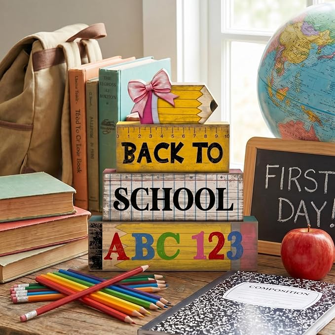 Lineshading 4 Pcs Back to School Table Decorations Wooden Pencil Stacked Block Decor, "ABC 123" Signs with Pencil Topper, Rustic Back to School Tiered Tray Decoration for Home Classroom Teacher Desk
