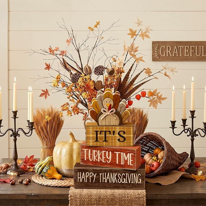 Moucuny 4 Pcs Fall Decorations for Home Wooden Turkey Decor Thanksgiving Tiered Tray Decor Thanksgiving Table Centerpiece Rustic Wooden Turkey Time Block Sign for Autumn Harvest Party Kitchen Shelf