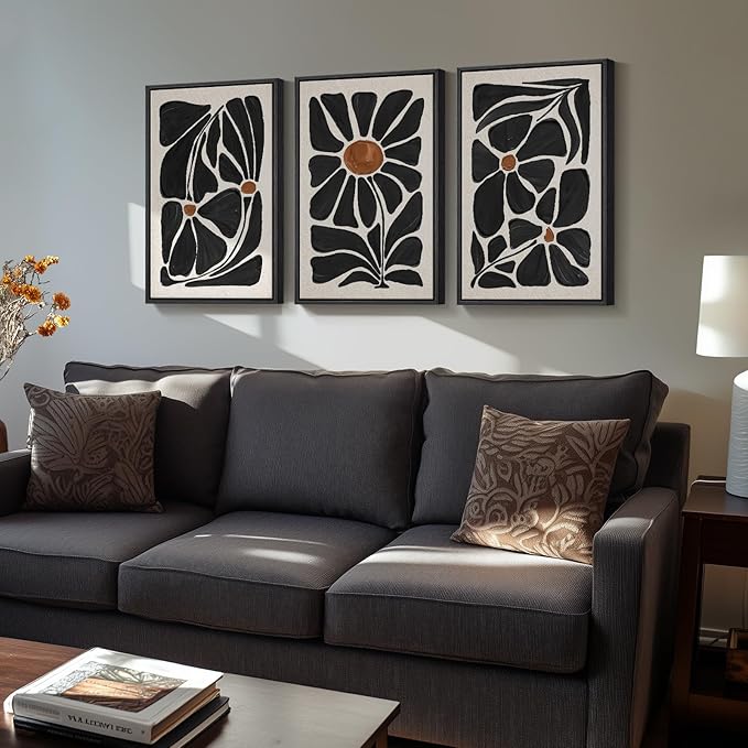 Framed Black and White Abstract Wall Art, 3 Piece Black Boho Floral Botanical Canvas Prints Painting for Living Room, Mid Century Modern Flower Artwork for Bedroom Hallway Office Home Decor, 16x24