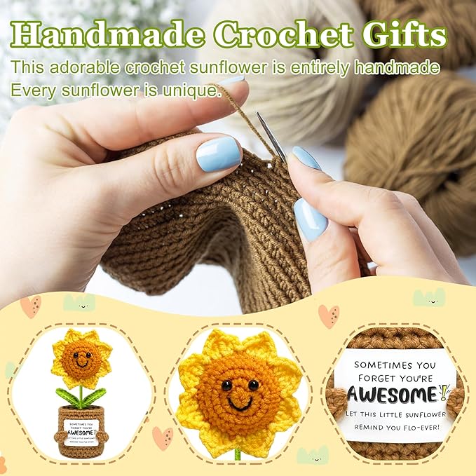 Positive Sunflower Graduation Gifts for Women Men Teens - Handmade Positive Crochet Animals, Stuffers for Mom Teacher Best Friend Bestie Sister, Cute Stocking Stuffers for Her Him