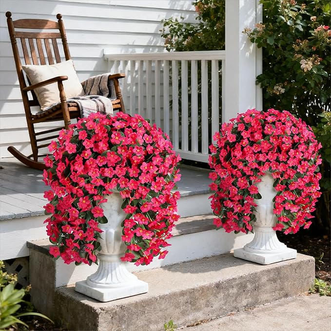 HyeFlora Artificial Fake Hanging Flowers for Spring Outdoor Outside Decoration, 2PCS Faux Silk Hotpink Daisy Plants UV Resistant Look Real Orchid Vines for Indoor Home Balcony Porch Planter
